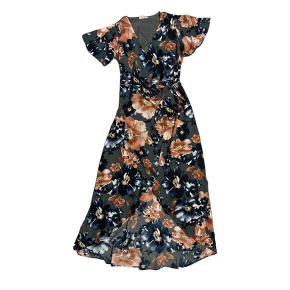 Peach Love High Low Floral Maxi Size Small Gray Pink Blue V-Neck Flutter Sleeves - Picture 1 of 13